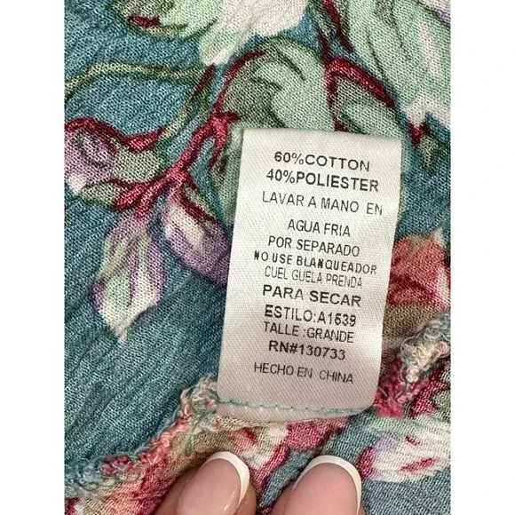 Umgee USA Womens Tunic Top Teal Floral 3/4 Sleeve Keyhole Neckline Size L‎ - Picture 6 of 9